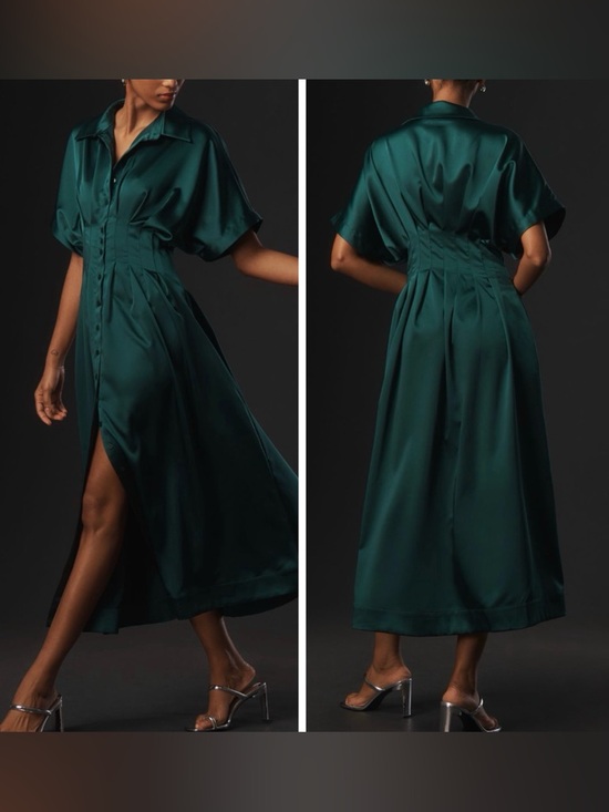 Anthropologie Dresses & Skirts - Anthropologie The Tobie Emerald Green Satin Maxi Shirt Dress by Exquise, Size M